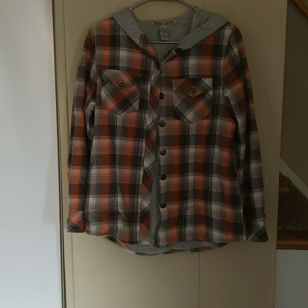 Women's gray and orange plaid sweatshirt jacket